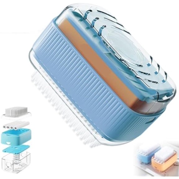 Soap Box with Roller, Laundry Soap Box, Holder Detachable Storage with Clothes Brush & Roller Bubble Container, Comfortable Grip, Portable Laundry Soaps Boxs, Cleaning Storage Dispenser Brush(Blue)