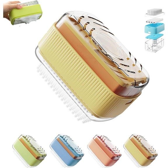 Soap Box with Roller, Scrub Brush with Soaps Dispenser, Soap Box for Laundry with Roller Bubble Case for Laundry, Scrubbing Soaps Boxs for Home Bathroom Kitchen (Yellow)