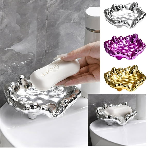 Soap Dish Drainer under $5! Cagogo Soap Dish with Drainage, Electroplated Soap Holder for Bathroom, Anti-Slip Soap Box for Shower Kitchen, No Drill Soap Tray for Sink