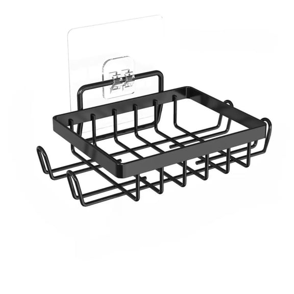Soap Dish Holder Wall Mounted Bathroom Storage Rack No Drill Self Adhesive Shower Caddy with Hooks for Sponge Razor Bar Soap Tray Black Metal Wire Organizer