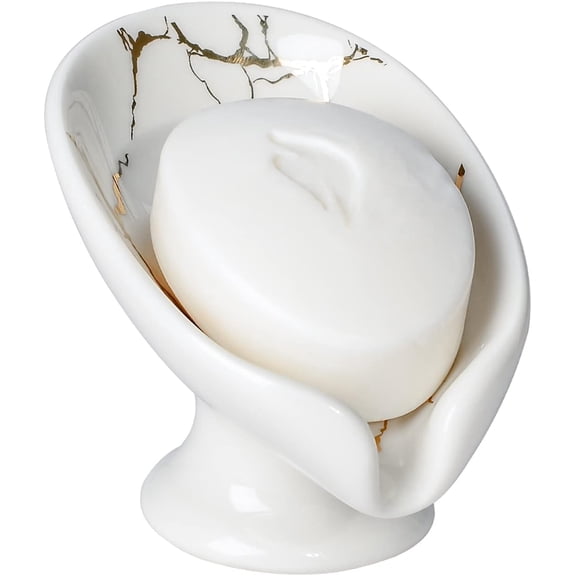 Soap Dish – Self-Draining Leaf Shape Ceramic Soap Holder Drain soap dish designed for sink, bathroom, shower, and kitchen. Easy to clean, keeps soap dry. Cream White with Gold Marble Pattern.