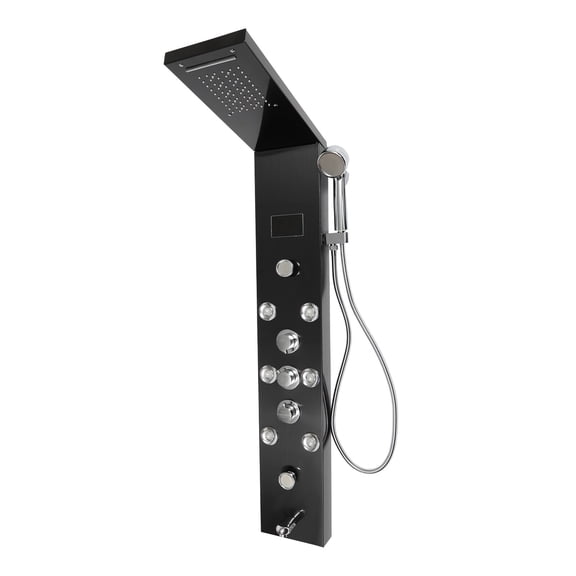 Soap Dish, Shower Panel, LED Hydroelectric Thermostatic Set, Black Stainless Steel, Waterfall Rain Shower, 6-Function System, Massage Jets, Handheld Spray, Tub Faucet, High Pressure, Anti-Corrosion