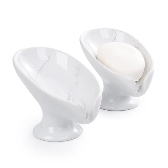 Soap Dish, Soap Holder Self Draining Leaf Shape Soap Dishes, Ceramic Drain Soap Dish for Sink Bathroom Shower Kitchen, Easy to Clean Keeps Soap Dry, Cream White & Gold Marble Pattern