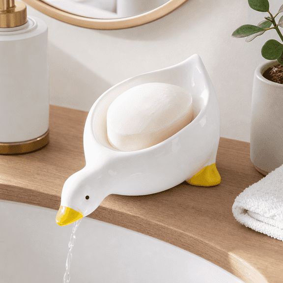 Soap Dishes For Bar Soap, Duck Bathroom Decor, Duck Soap Dispenser, Self Draining Soap Dish, Whimsical Kitchen, Duck Shaped Ceramic Self-Draining Bar Soap Holder Tray for Shower Kitchen Countertop