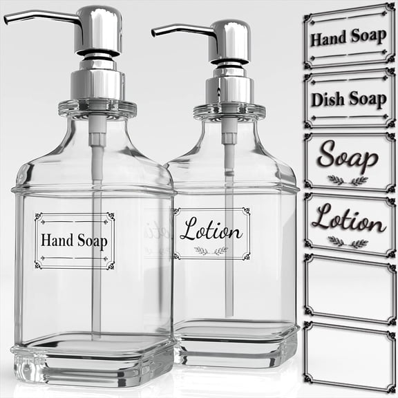 Soap Dispenser - 2 , 18 Oz Antique Design Thick Glass Hand Soap Dispensers; with 304 Rust Proof Stainless Pump, 6 count Clear Stickers, for Kitchen, Bathroom -