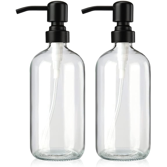 Soap Dispenser, 2 Pack Glass Soap Dispenser with Stainless Steel Pump, 17 Oz Bathroom Hand Soap Dispensers Bottle for Bathroom & Kitchen, Clear & Black