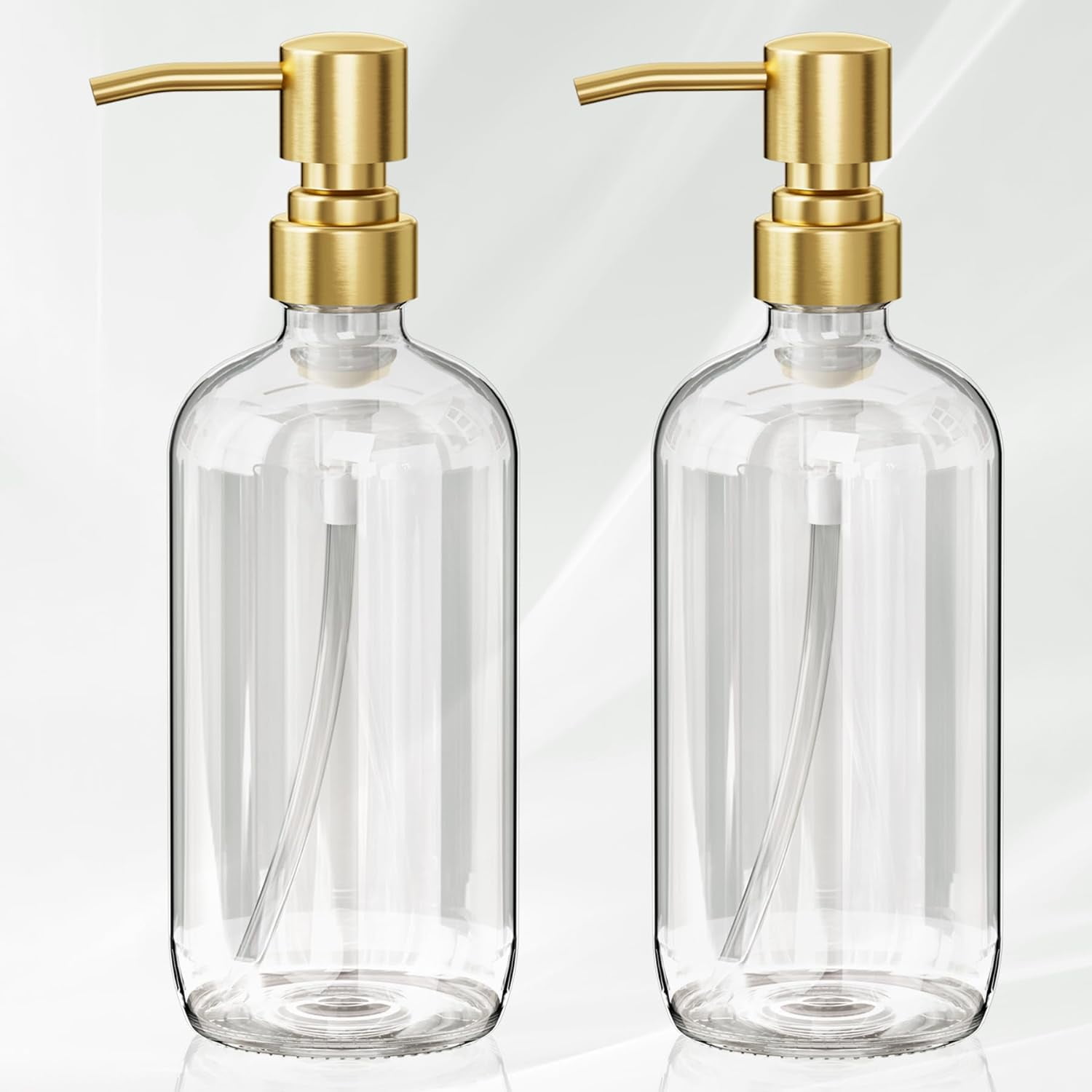 Soap Dispenser, 2 Pack Glass Soap Dispenser with Pump Stainless Steel, 17OZ Clear Gold Hand Soap Dispensers for Bathroom and Kitchen