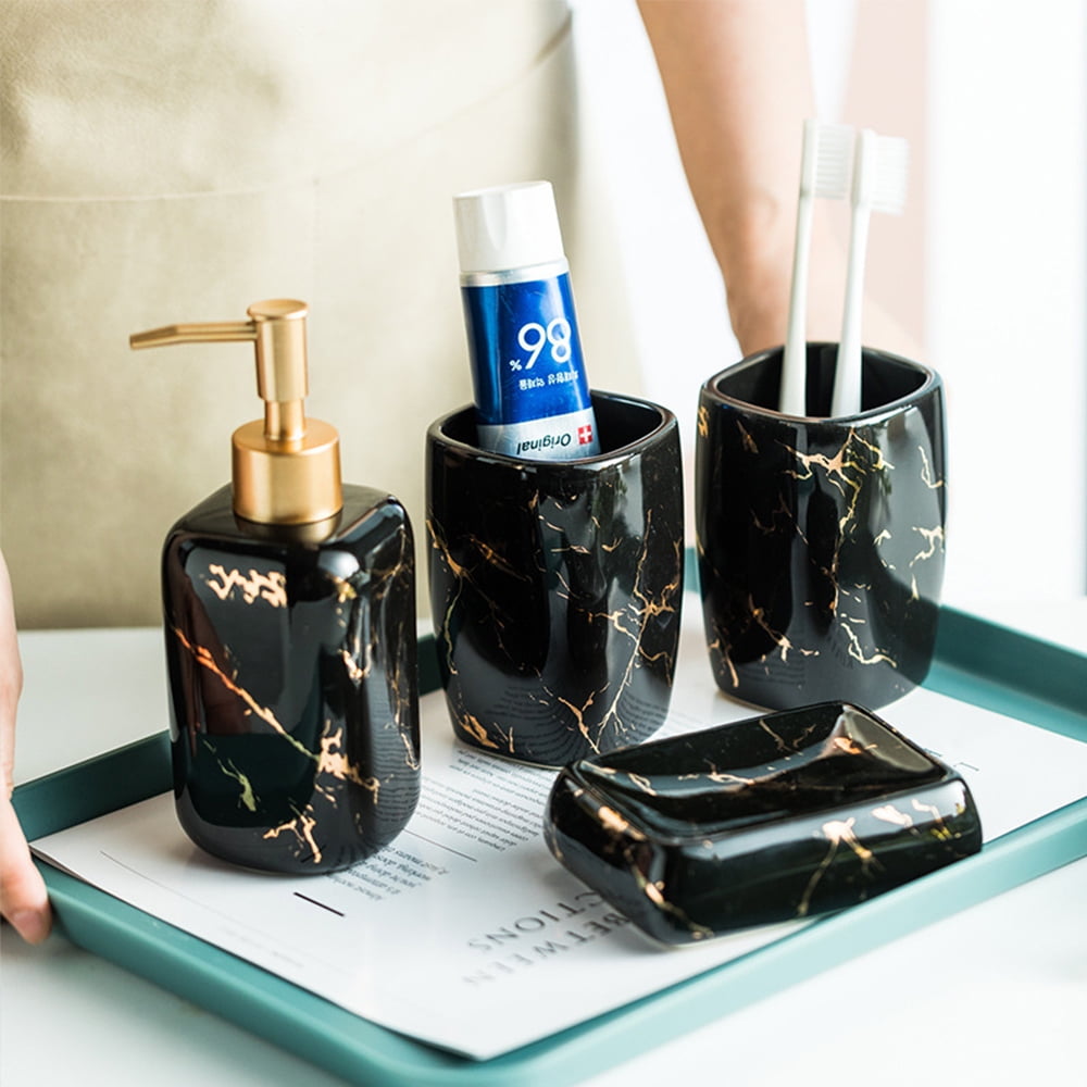Bath Ceramic Marble Decor Holder - 4 Pcs Glossy Black Bathroom Set with ...