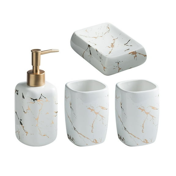 Soap Dispenser Bathroom Accessories Set 4 Pcs Bathroom Soap Dispenser Set - 1 Soap Dispenser, 2 Tumblers, 1 Soap Dish, Glossy White