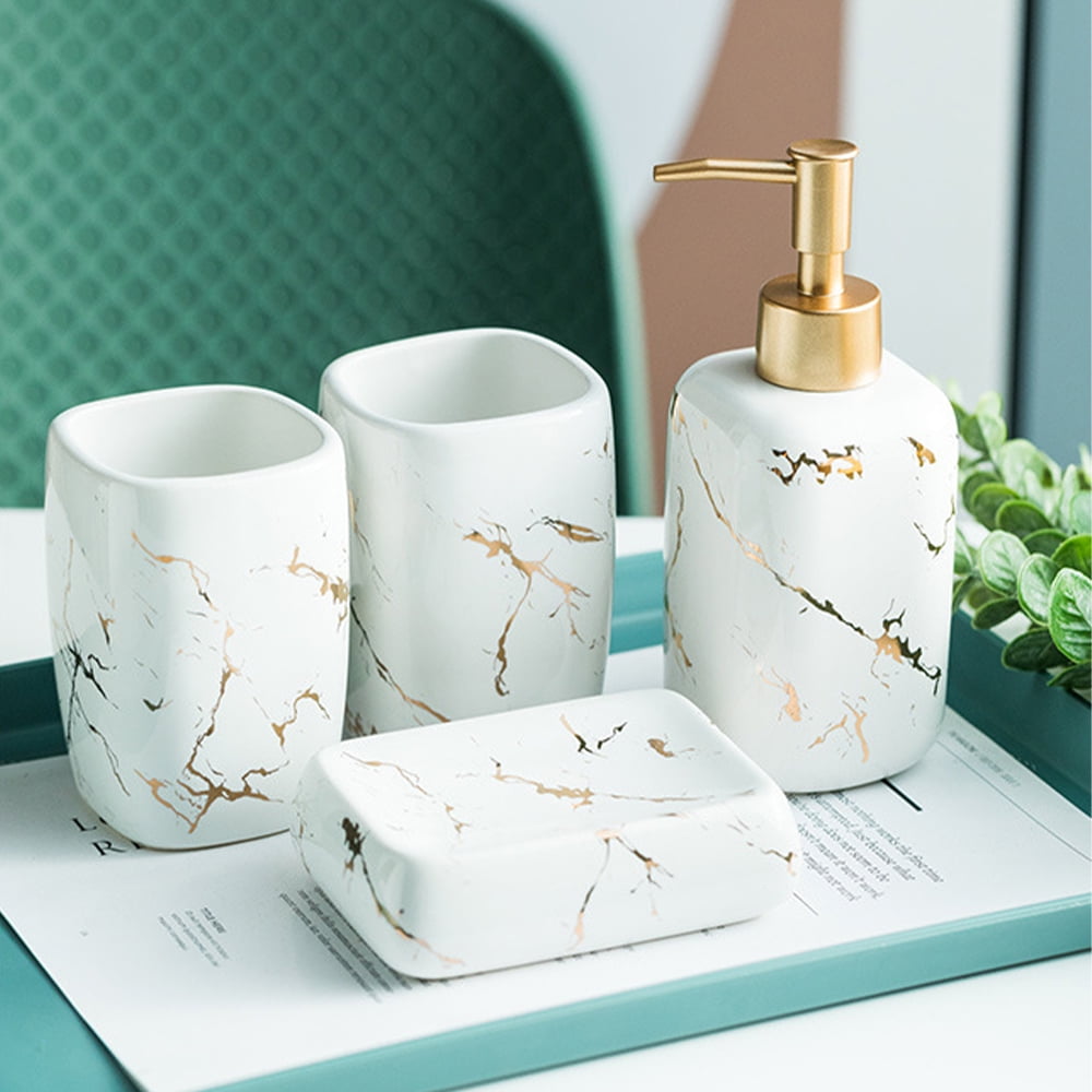 4 Pcs Ceramic Soap Dispenser Bathroom Set with Bath Marble Pump Holder ...