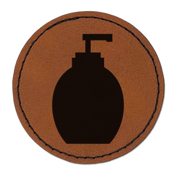 Soap Dispenser Clean Wash Icon Solid 2.5" Faux Leather Round Engraved Iron-On Patch - Brown
