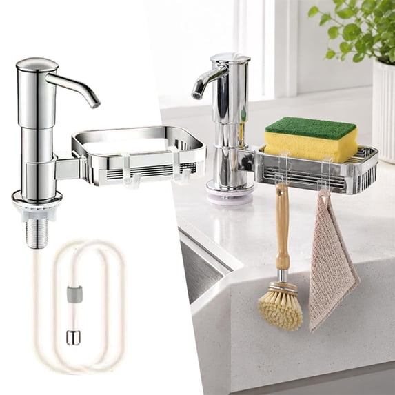 Soap Dispenser for Kitchen Sink, Built in Soap Dispenser Pump with Sponge Holder, Under Counter Brushed Nickel ABS Pump Head with Extension Tube Kit, Good Suction Power