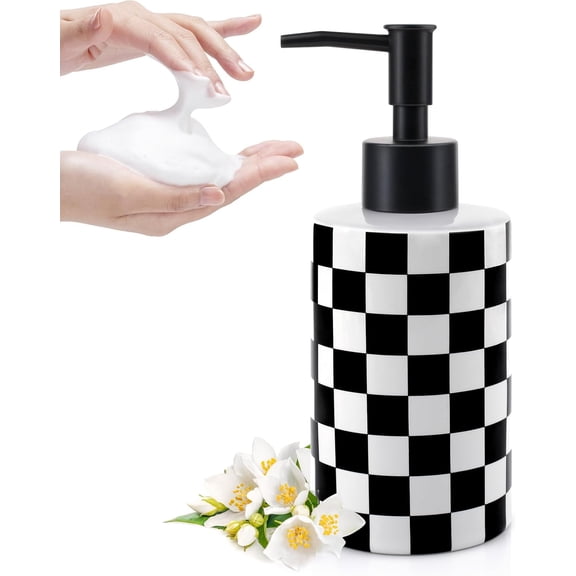 Soap Dispenser with Matte Black Pump, Ceramic Soap Dispenser Bathroom, Checkerboard Dish Soap Lotion Dispenser for Kitchen Sink, Black & White Plaid Refillable Liquid Hand Soap Bottle