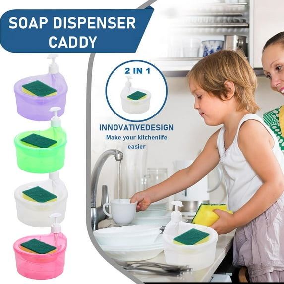 Soap Dispenser and Scrubber Holder Set, 2 in 1 Sink Dish Washing Soap Dispenser Compact 1000ml Dish and Plate Washing Soap Pump Dispenser, Clear Clear