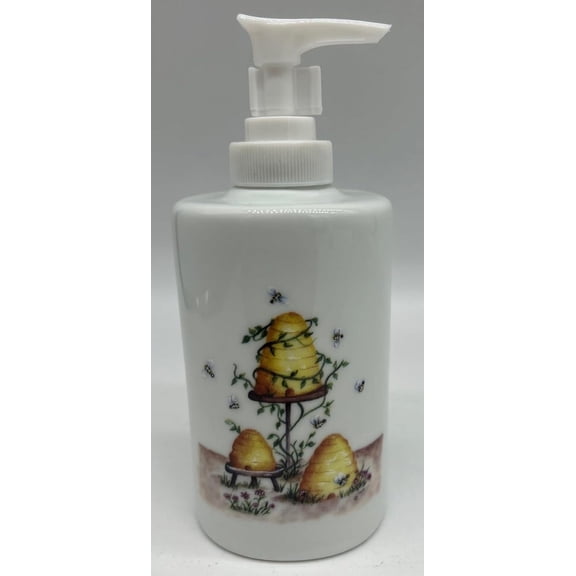 Soap Dispenser - White Porcelain Decorated (Bees/Hives)
