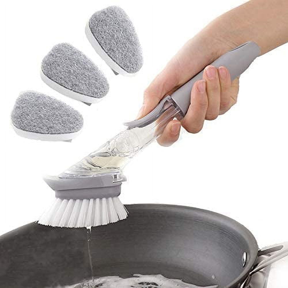 Roofei Dish Brush with Handle, Dish Scrubber with Soap Dispenser Kitchen  Brush for Pot Pan Sink and 3 Sponge Refill