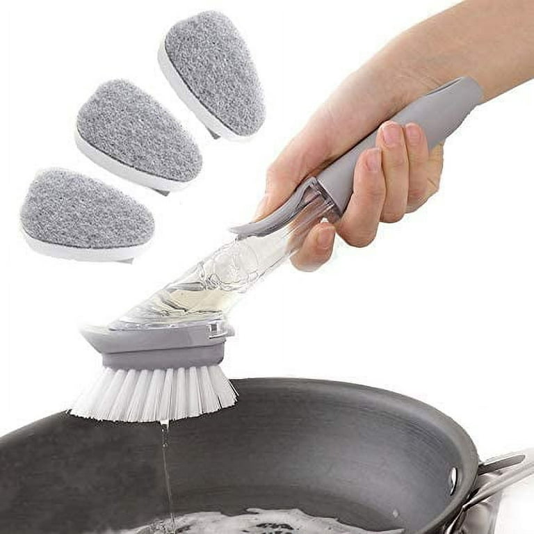 Soap Dispensing Dishwashing Brush, Kitchen Scrub Brush for Pans Pots Sink - with One Handle, One Brush Head, and Three Sponges