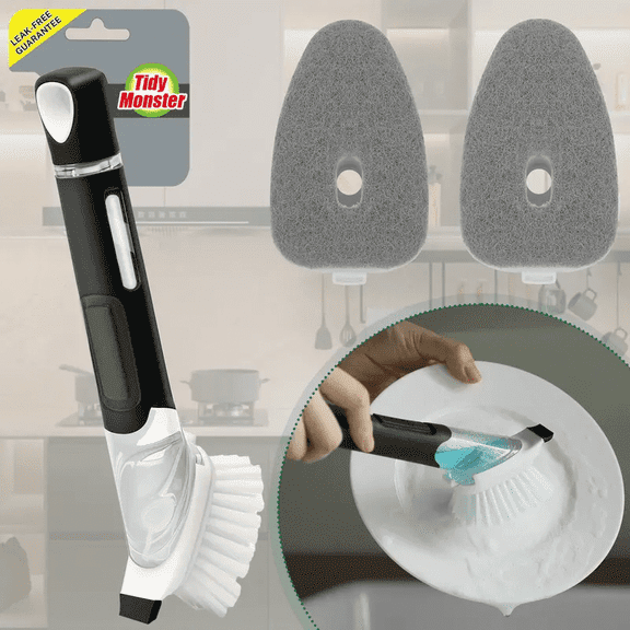 Soap Dispensing Dish Scrub Brush, Cleaning Brush for Kitchen, Dish Soap Brush for Dishes, Pans, Sink, Pots, Plus 2 Replaceable Sponge Heads