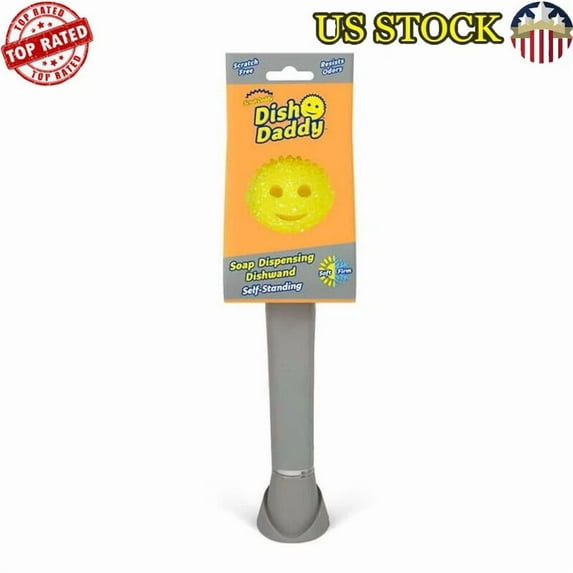 Soap Dispensing Dish Wand Non-Scratch Sponge Cleaning Scraper Self-Draining Base