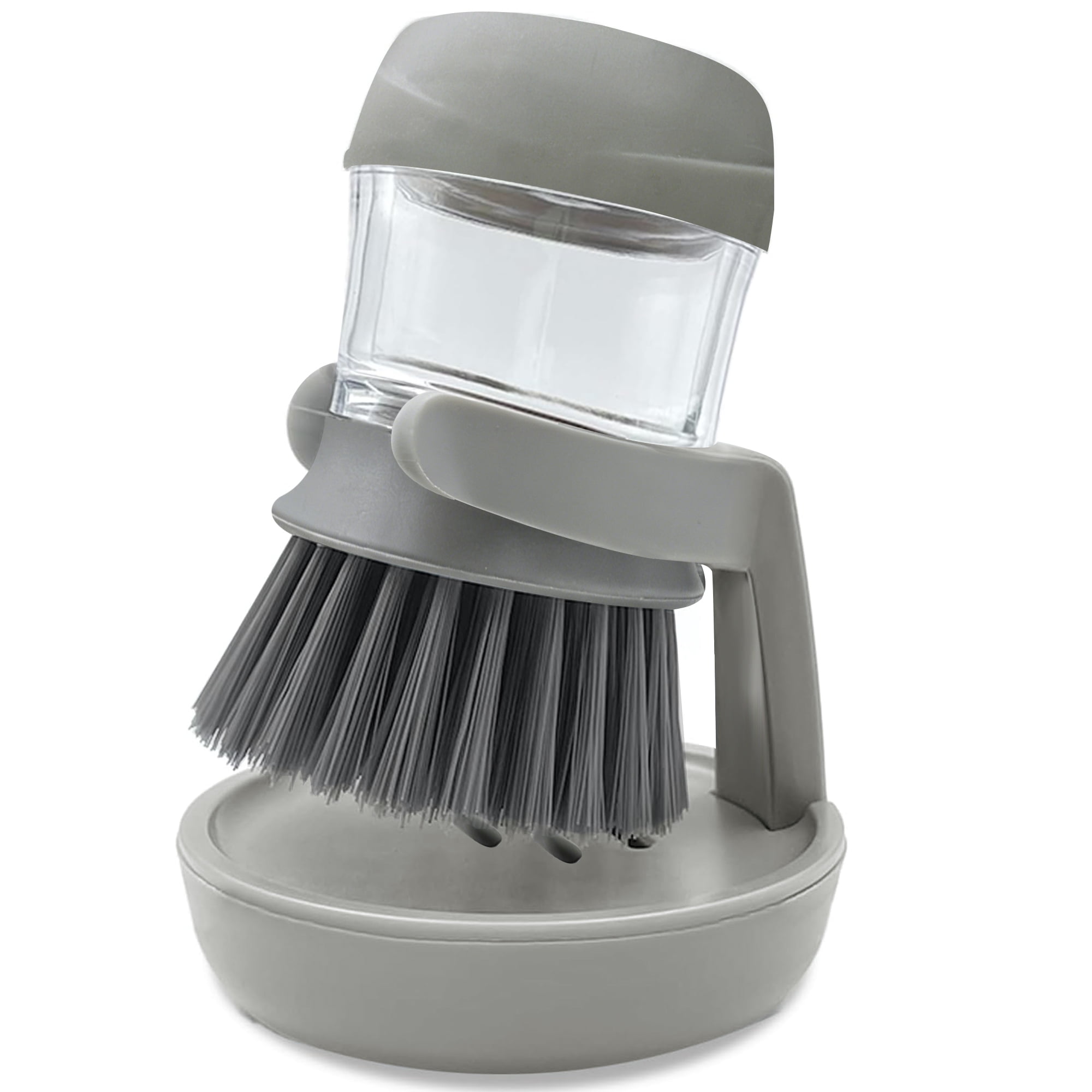 CISILOV Soap Dispensing Palm Brush, Dish Scrub Brush with Soap Dispenser, Kitchen Cleaning Brush with Storage Bracket & Drainage Base, Dish Scrubber for Pot, Pan, Sink, Grey