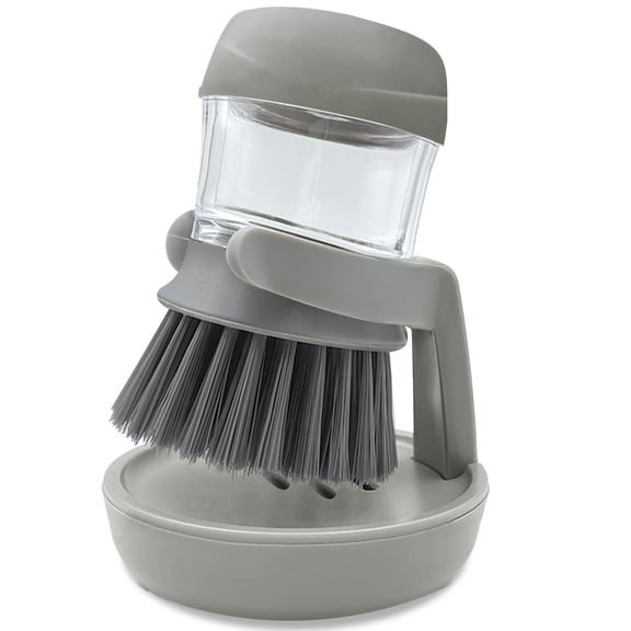 Soap Dispensing Palm Brush, Dish Scrub Brush with Soap Dispenser, Kitchen Cleaning Brush with Storage Bracket & Drainage Base, Dish Scrubber for Pot, Pan, Sink, Grey
