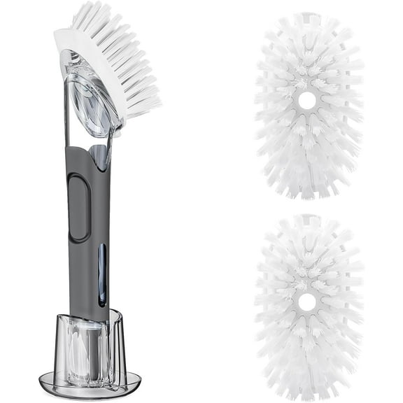 Soap Dispensing Replacement Dish Brush Storage Set with 2 PCS Brush Refills & Holder - Dispenser Scrub Cleaning Scrubber Kitchen Dishwashing Dish Wand Handle for Dishes/Pans/Pots/Sink(Black)