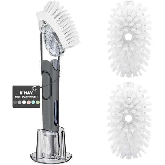 Soap Dispensing Replacement Dish Brush Storage Set with 2 PCS Brush Refills & Holder - Dispenser Scrub Cleaning Scrubber Kitchen Dishwashing Dish Wand Handle for Dishes/Pans/Pots/Sink(Black)