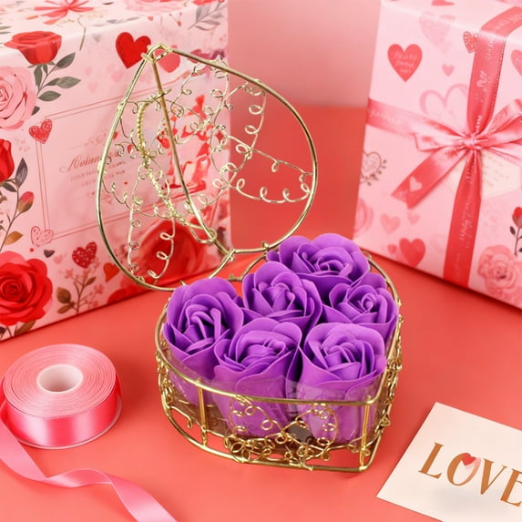 Soap Flower Bouquet in Iron Basket, 6 Red Rose Soap Flowers for Valentine's Day Gift, Decorative Ornament with Practical Use, Romantic Desktop Decor for Home, Wedding, Holiday Ambiance