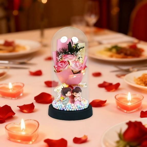 Soap Flower Rose Bouquet Glass Dome - Romantic Preserved-Like Decor, Ideal for Anniversary Surprise & Girlfriend Wife Holiday Gifts