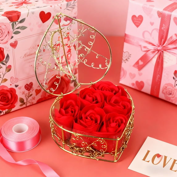 Soap Flower Rose With Iron Basket – Valentines Day Artificial Rose Ornament, Romantic Ambiance Decoration Gift for Her, Realistic Plush Rose Soap Flowers for Party Decor, 4.13*4.13*2.76in, Red