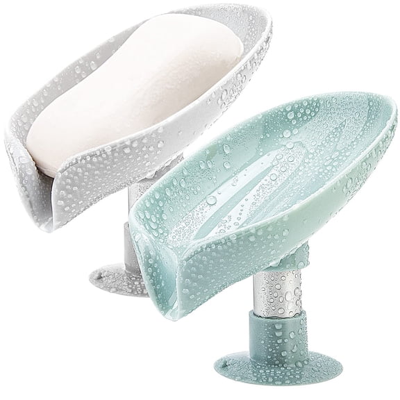 Soap Holder Leaf-Shape - Self Draining Soap Dish Holder, Not Punched Easy Clean Bar Soap Holder, with Suction Cup Soap Dish Suitable for Shower, Bathroom, Kitchen Sink (Grey + Green)