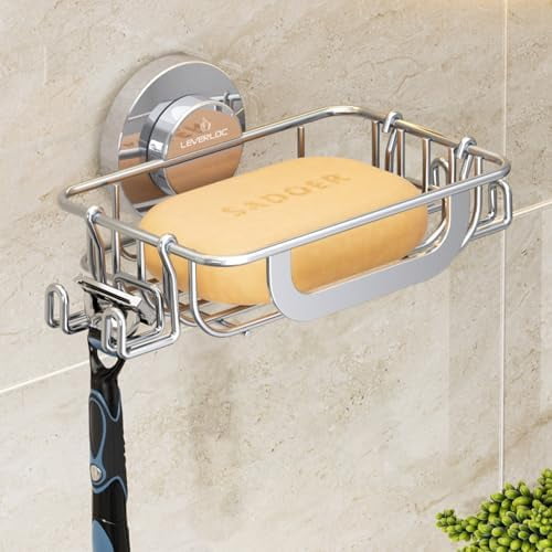 Soap Holder Shower with Hooks, Bar Suction Cup Soap Dish Tray for Wall, Rust-Proof Stainless Steel Sponge Caddy for Bathroom Accessories Organizer Bathtub Kitchen Sink, Silver
