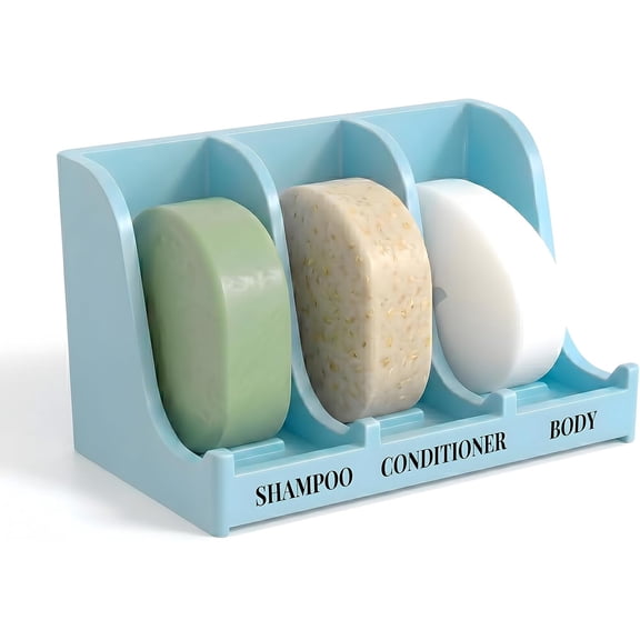 Soap Holder for Shower Wall, 3-Compartment Soap Dish for Shampoo, Conditioner and Body Soap, Fast Draining & Rust-Proof & Heavy Duty, Ultra-Strong Self Adhesive & Freestanding (Light Blue, Label)