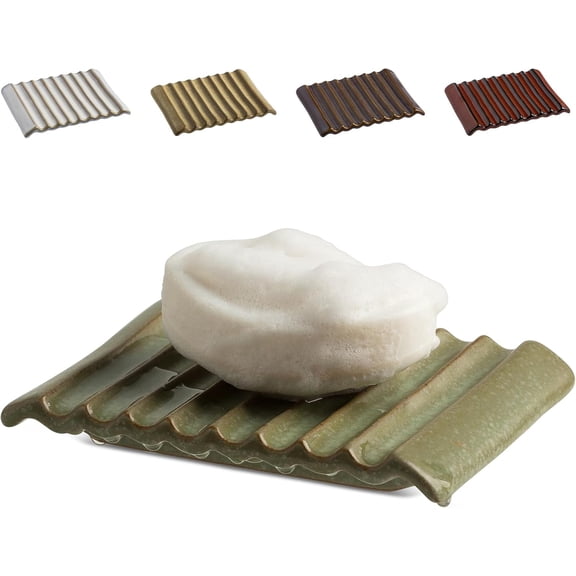 Soap Holder Soap Dish, Ceramic Soap Saver Bar Soap Tray Non-Slip Bathroom Accessories for Soap, Sponges, Scrubber, Razor, Green