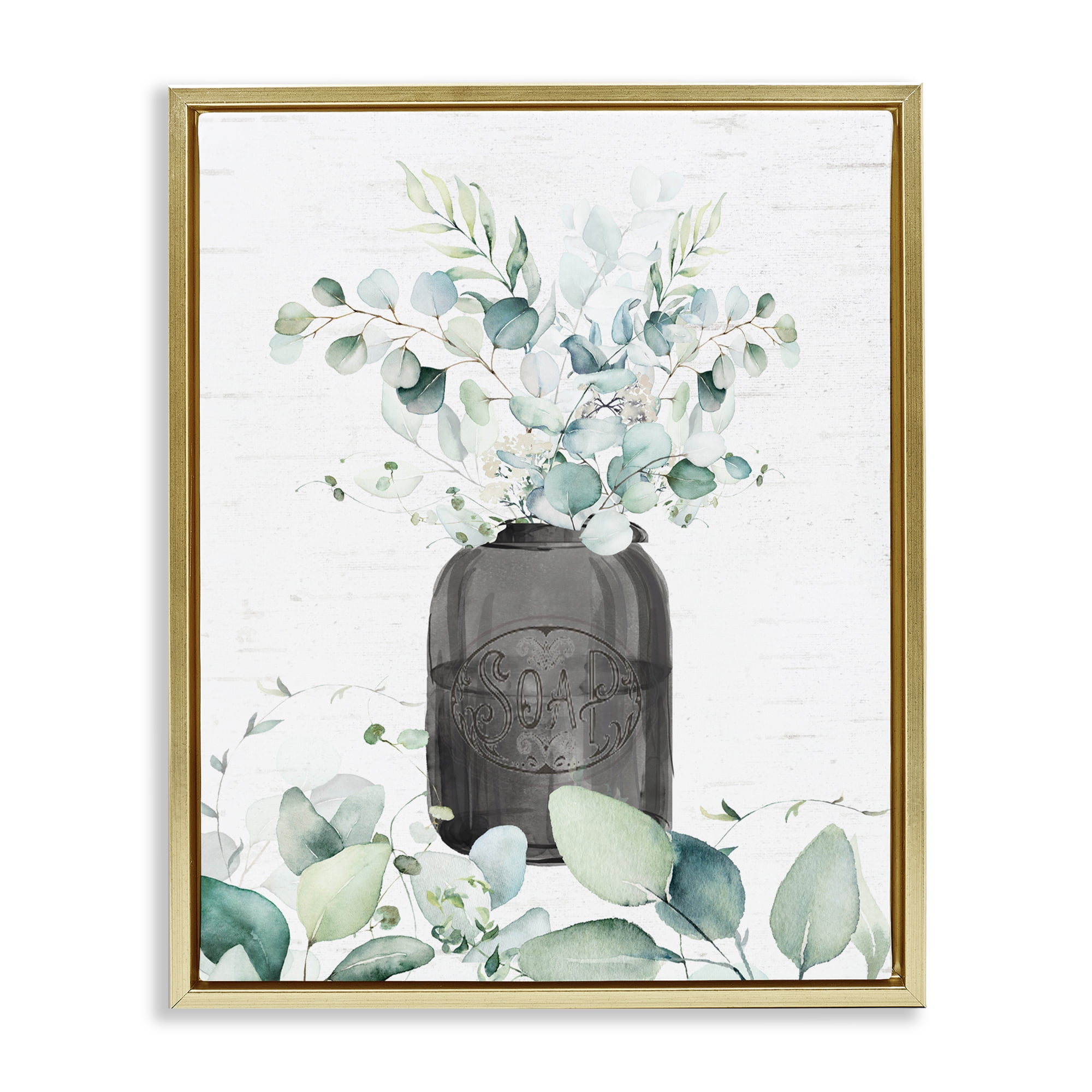 Soap Jar & Eucalyptus Gold Framed Floater Canvas Wall Art, design by Lettered and Lined