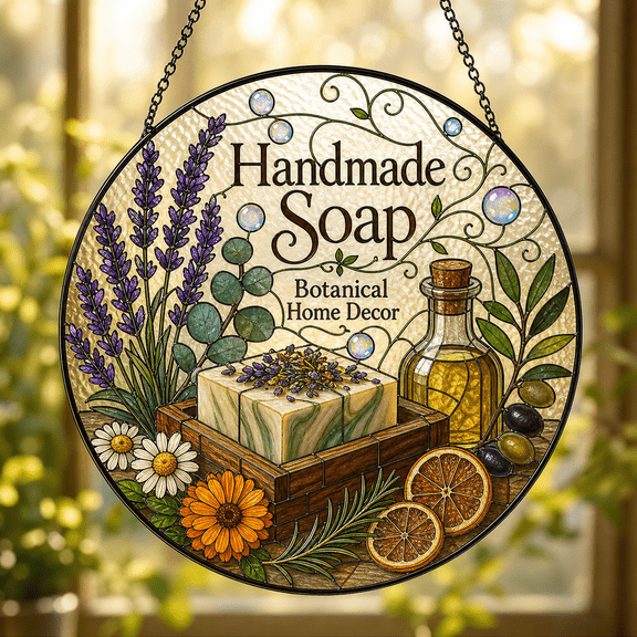 Soap Maker Gift Suncatcher, Wildflowers Stained Glass Botanical Window Decor