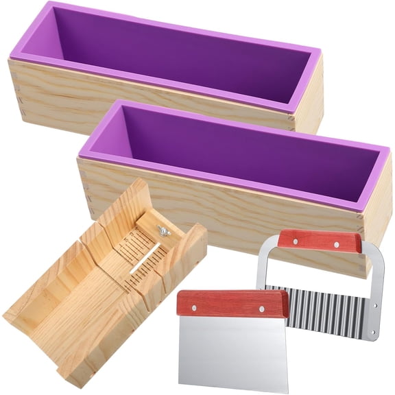 Soap Making Cutting Kit Silicone Cutting Soaps Bar Molds for Soaps Making with Stainless Steel Wavy Slicer and Straight Slicer, Wood Soap Loaf Mold Rectangular Cutter Molds for Adults DIY
