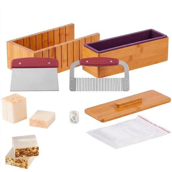 Soap Making Kit, Bamboo Cutting Box with Silicone Mold, Stainless Steel Straight & Wavy Cutters, 100 Bags & 105 Stickers, DIY Supplies for Adults