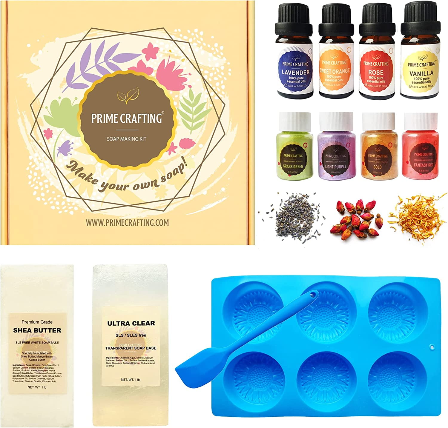 Soap Making Kit for Adults, Make Your Own Soap with Melt and Pour diy  Natural Soap supplies; 6 Essential Oils, Silicone Soap Mold, Spoon, Dried  Flowers, 2lbs. Shea Butter Soap Base, 4 Colors, 9 Labels : Arts, Crafts &  Sewing 