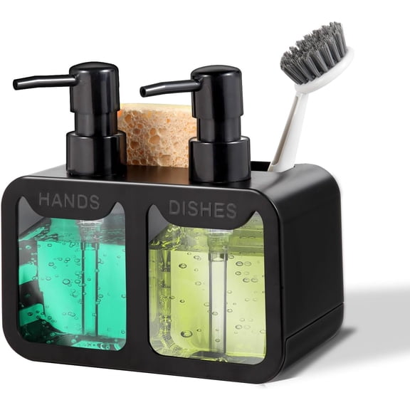 Soap dispenser, with hand and dish soap, sponge box and brush holder - 4-in-1 kitchen double soap dispenser set, suitable for kitchen sink and bathroom - black