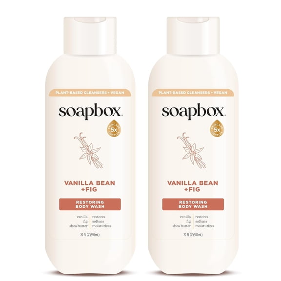 Soapbox Body Wash, Vanilla Bean & Fig Liquid Body Wash, Moisturizing Soap with Shea Butter, Vegan Duo Pack of 2 Soap Bottles, 20oz Each