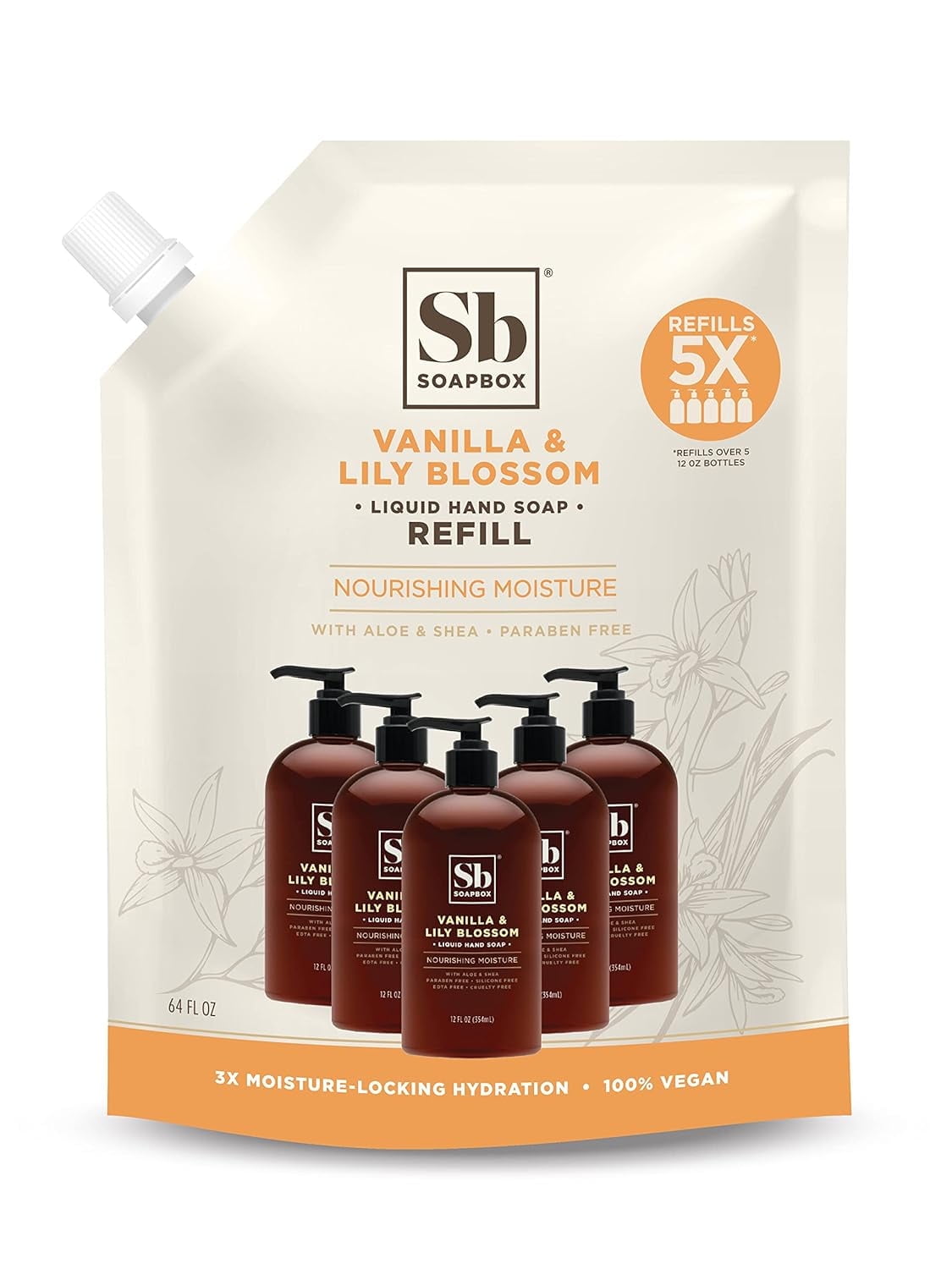 Soapbox Liquid Hand Soap Refill, Vanilla & Lily Blossom, 64oz Refill Pouch (Pack of 1)