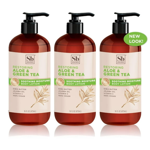 Soapbox Moisturizing Body Lotion, Aloe & Green Tea with Jojoba Oil and Shea Butter, 3 Pack 16oz Each