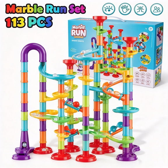 Soapow 113Pcs Marble Run Race Coaster Set, STEM Railway Toy Construction Building Blocks Set, Birthday Xmas Gift for Kids Boys and Girls