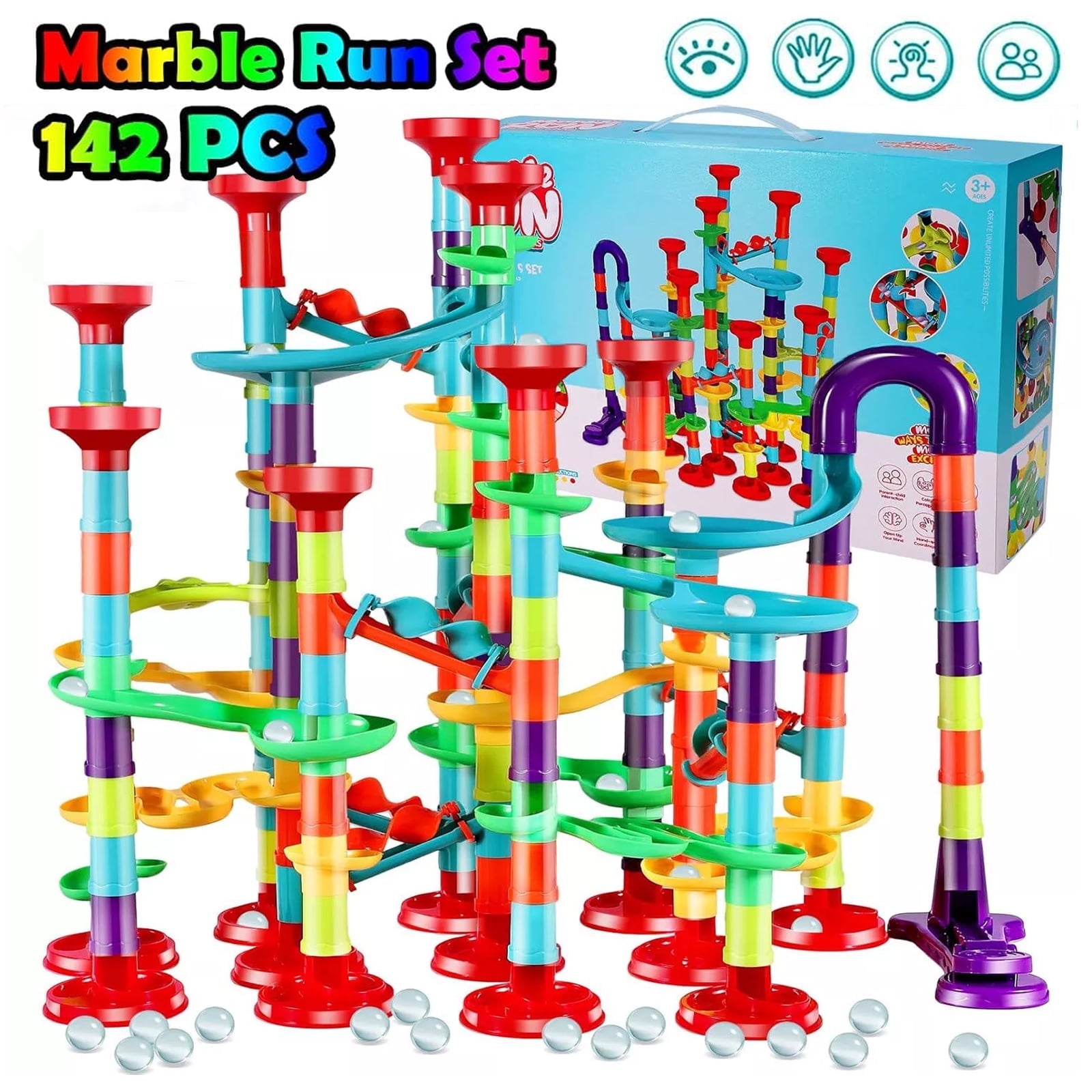 Soapow 142Pcs Marble Run Race Coaster Set, STEM Railway Toy Construction Building Blocks Set, Birthday Xmas Gift for Kids Boys and Girls