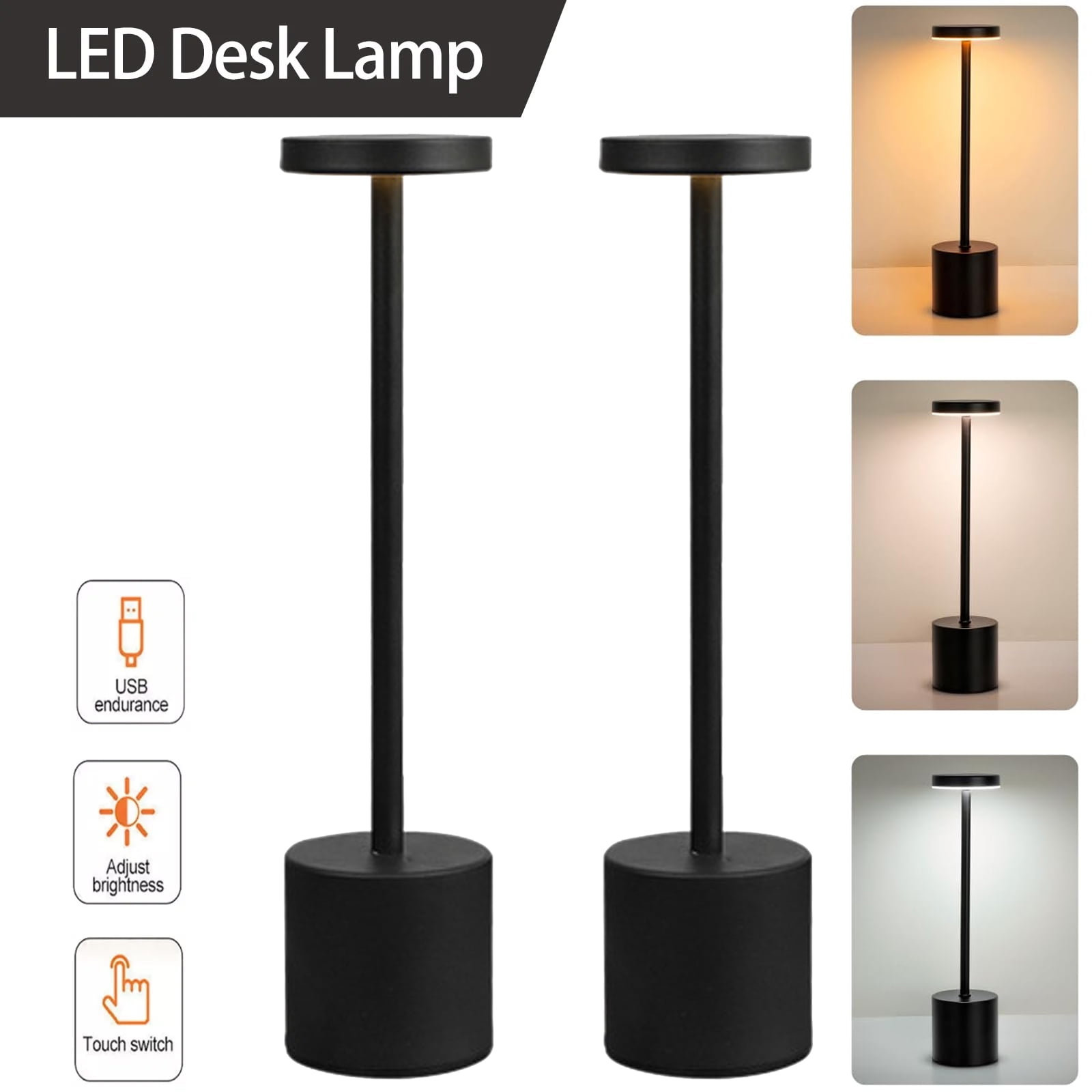 Soapow Rechargeable Cordless LED Table Lamp, Portable LED Touch Lamp 3 Level Dimmable Tables Lights Reading Lamps 5200mah Battery Powered USB Bedside Lamps Decoration Lights（2 Pcs Black)