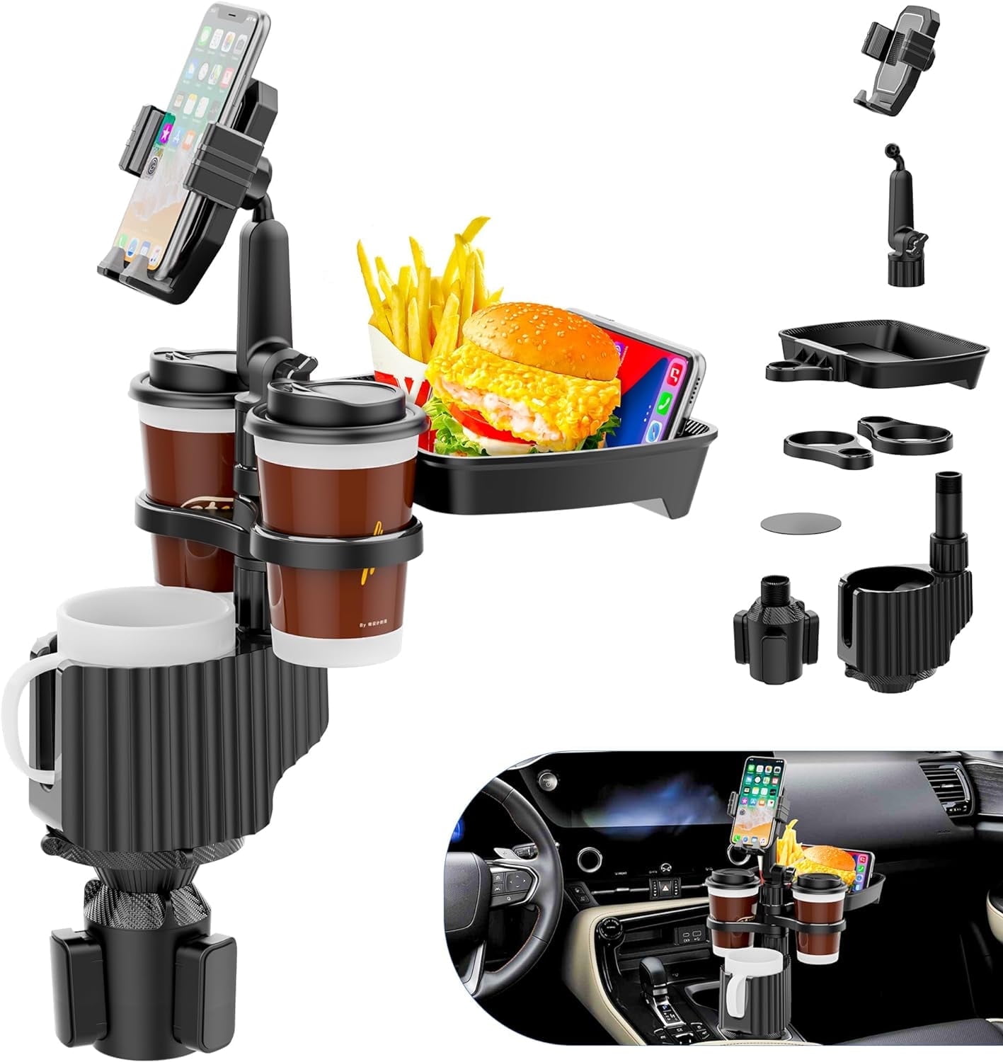 Soapow  5 in 1 Car Cup Holder Tray Table with Cell Phone Slot and Coffee Stand Food Tray, Universal Swivel Car Expander Desk, Detachable 360° Rotating Extender Car Organizer
