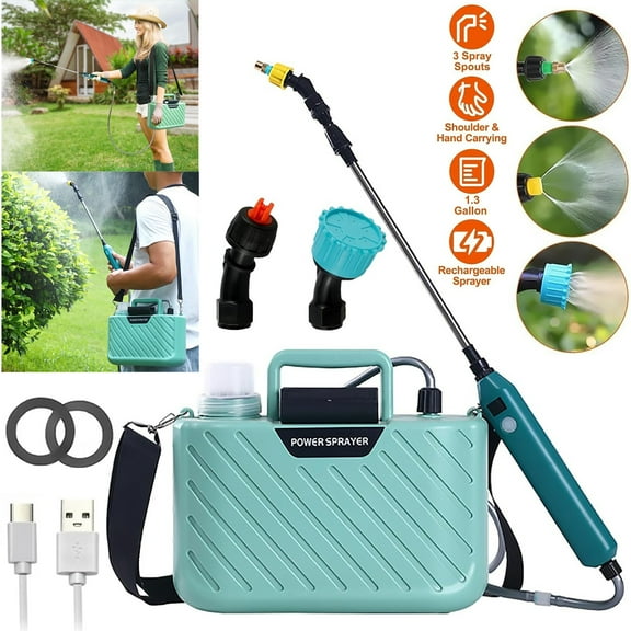 Soapow 5L Battery Powered Sprayer, Electric Garden Sprayer with USB Rechargeable Handle, Battery Indicator, Telescopic Wand, 3 Nozzles, Adjustable Shoulder Strap, Water Sprayer for Weed, Yard, Lawn