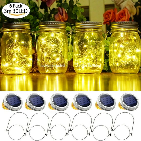 Soapow 6 Pack Mason Jar Solar Lights, 3m 30 LED Hanging Solar Mason Jar Lantern Outdoor, Waterproof Fairy Lights Solar Lamp with 6 Handles for Patio Garden Wedding Yard, Warm White (No Jars)