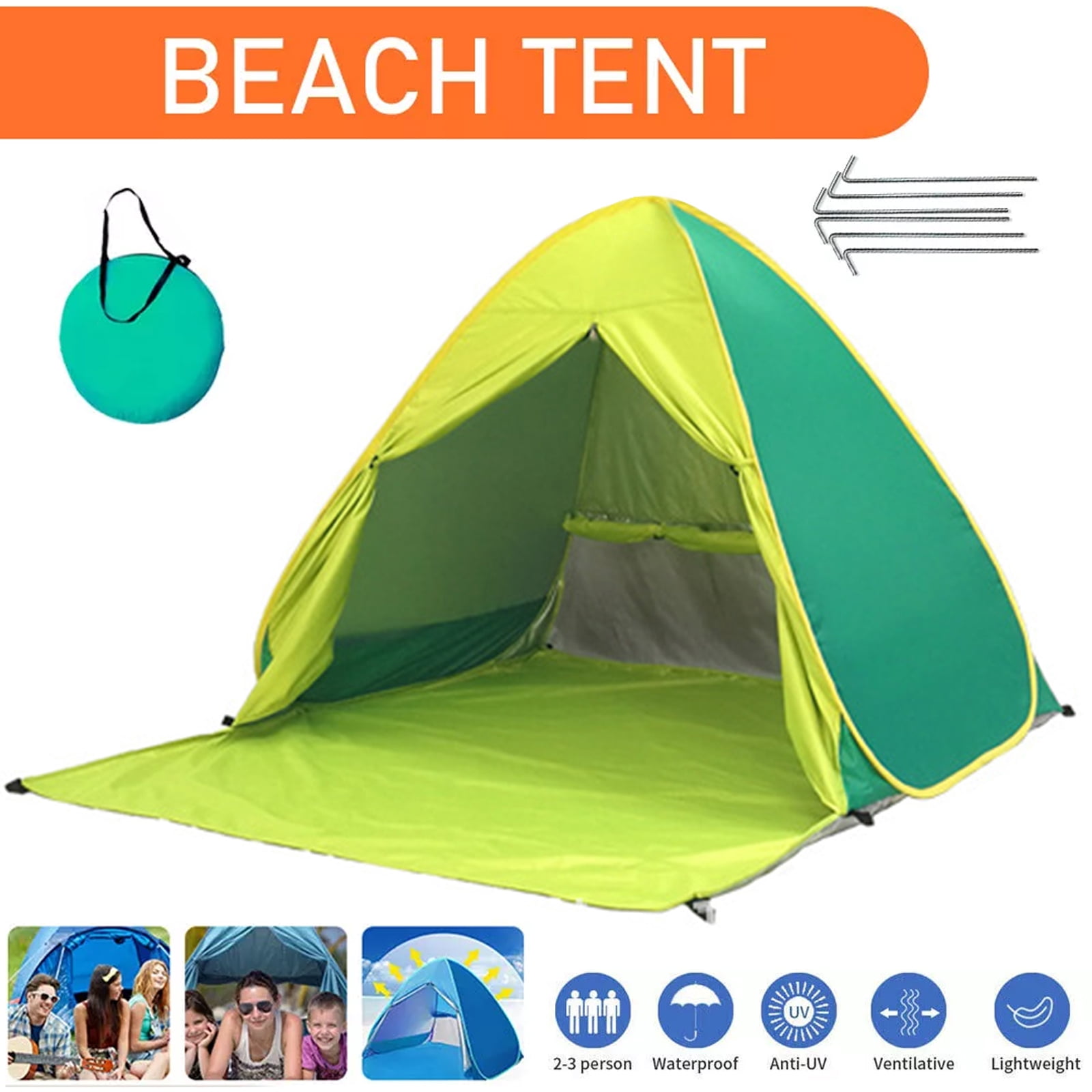 Soapow Beach Tent, UPF 50+ Easy Pop Up Beach Shade Shelter Beach Tent With Carry Bag for 2-3 Person, Portable Beach Tent Umbrella Baby Canopy Cabana with Carry Bag, Green